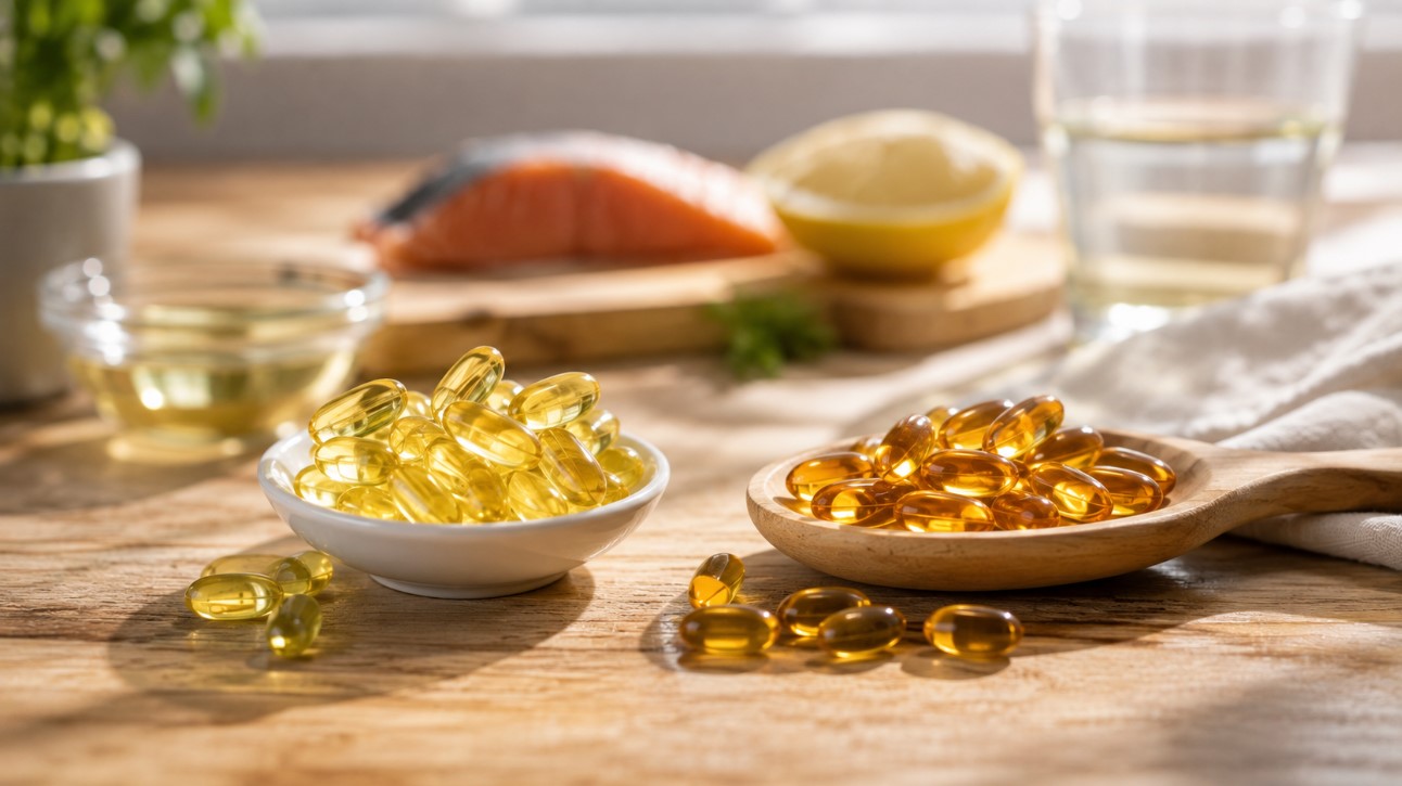 Kapsule alkilglicerola i omega 3 prikazane zajedno kao suplementi koji se mogu koristiti istovremeno