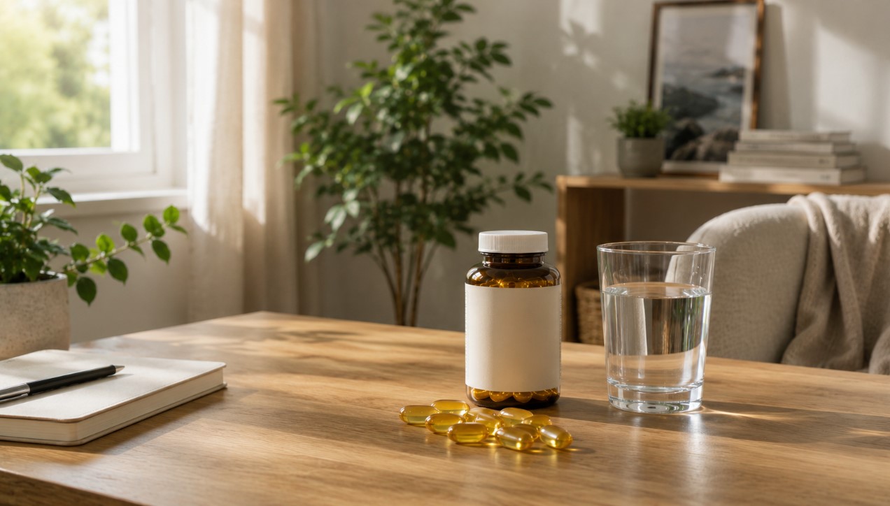 Kapsule omega 3 masnih kiselina i čaša vode na stolu u prirodnom kućnom ambijentu