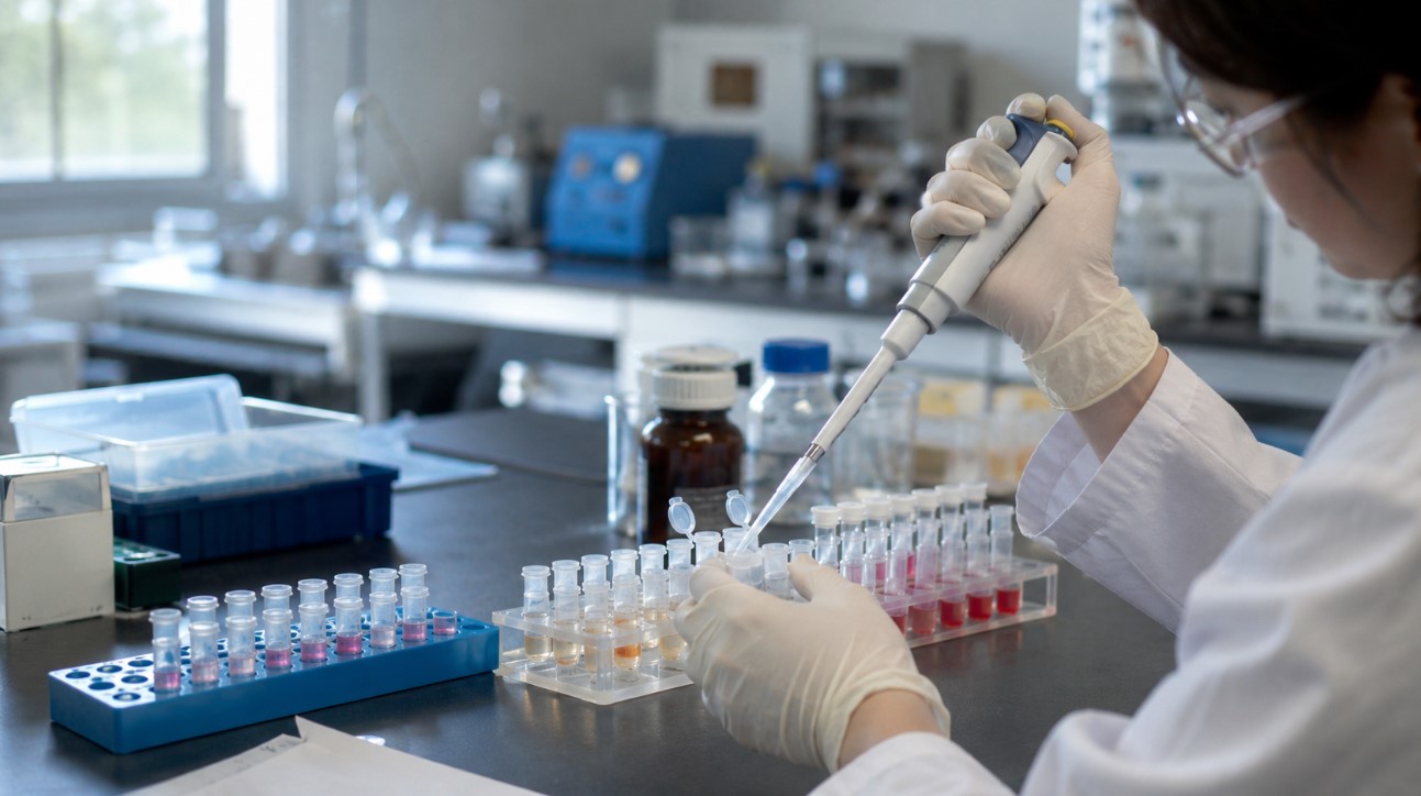 Istraživač u laboratoriji pipetom obrađuje više uzoraka tokom ispitivanja različitih odgovora odbrambenih ćelija