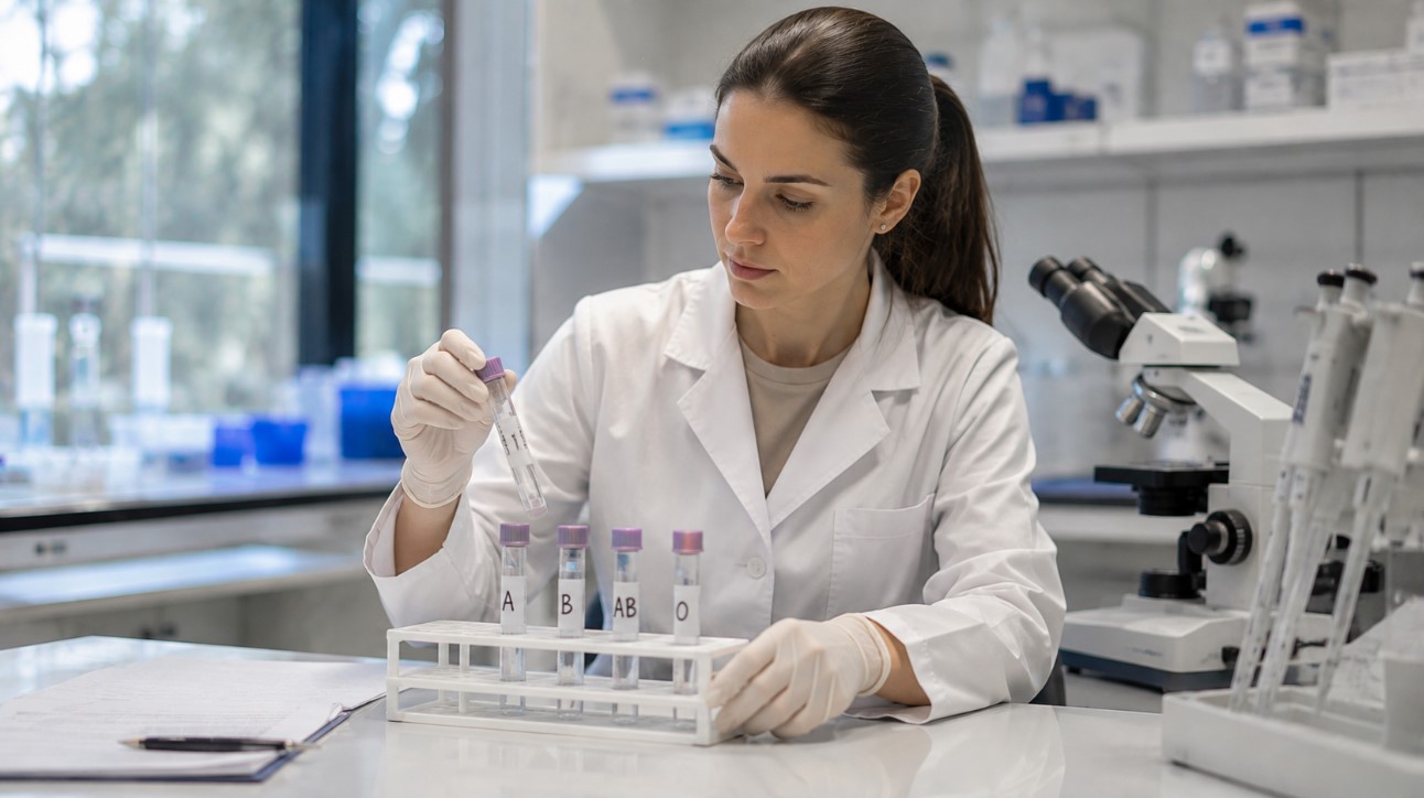Laboratorijsko poređenje uzoraka označenih krvnim grupama A, B, AB i 0 radi proučavanja njihovih bioloških razlika