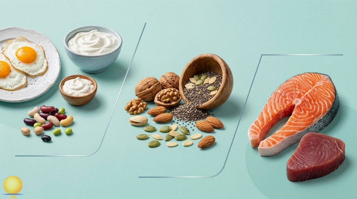 Jaja, jogurt, mahunarke, orašasti plodovi, semenke, losos i tuna kao izvori proteina i zdravih masti za energiju i koncentraciju