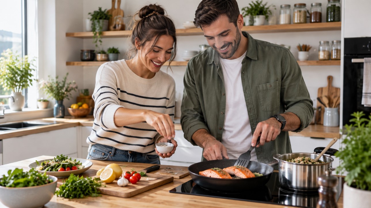 Mladi par priprema ribu sa povrćem kao obrok bogat proteinima, omega-3 masnim kiselinama i vitaminom B12