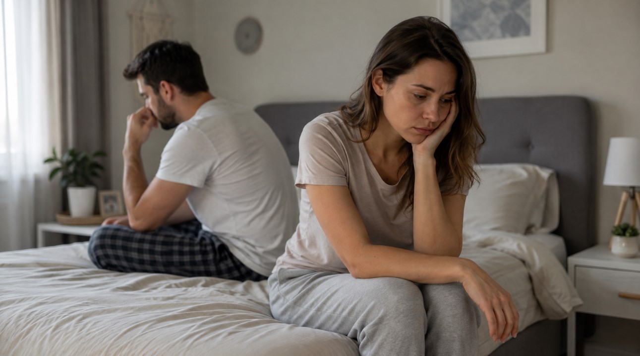 Mladi par sedi odvojeno na krevetu, što ilustruje posledice stresa, hormonskog disbalansa i smanjene seksualne želje